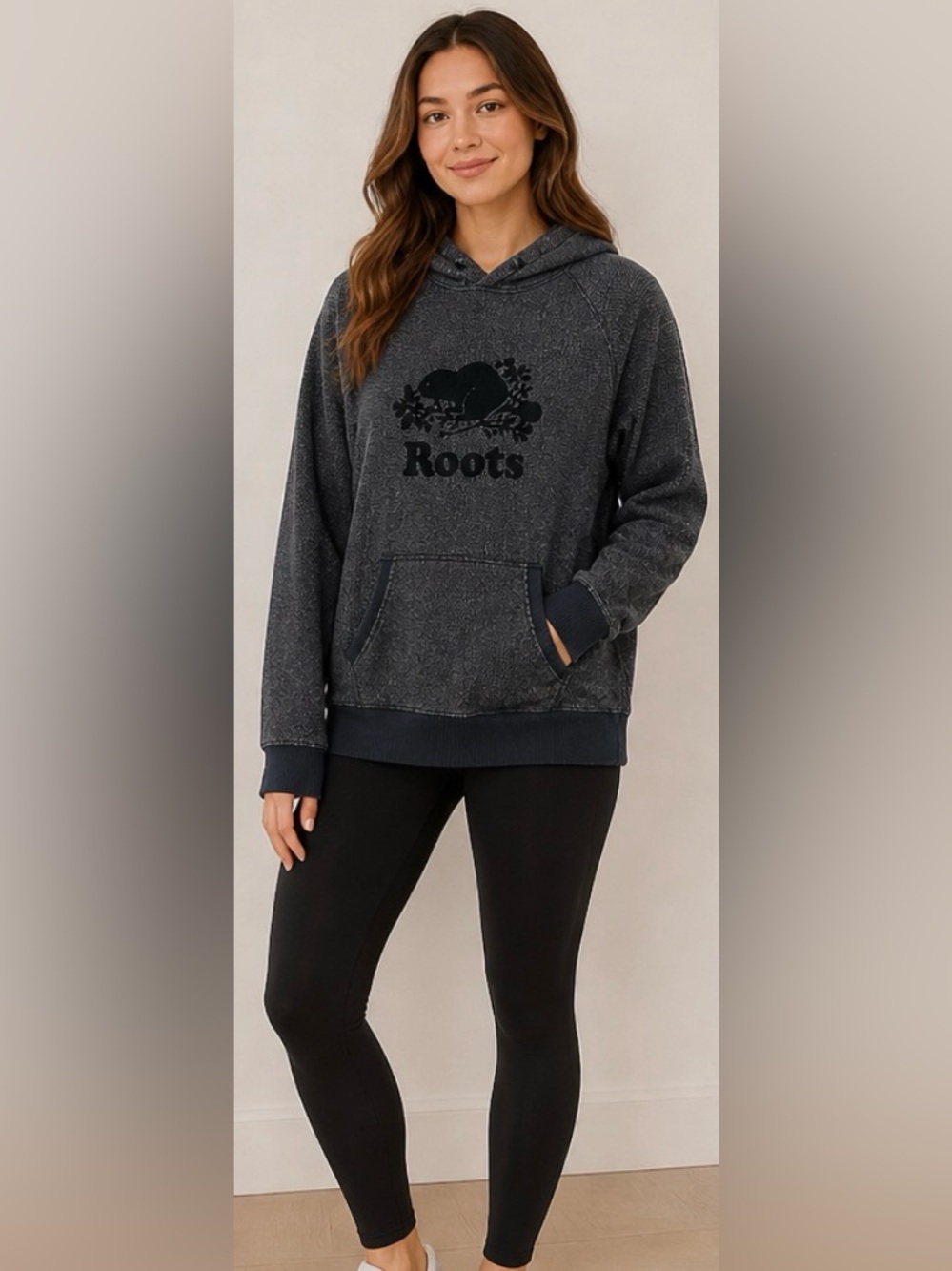 Roots Salt & Pepper Hoodie Women’s XL Beaver Logo Pullover Grey